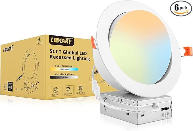 LEDIARY 6 Pack Gimbal LED Recessed Lighting 6 Inch, 5CCT Adjustable Recessed Light Slim Selectable 2700K-6000K,750LM Air Tight Canlights with Jbox,Canless Downlight Ceiling Light with IC Rated ETL