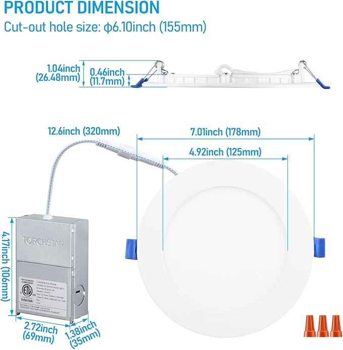 TORCHSTAR 6 Inch Slim LED Recessed Lighting with Junction Box, CRI90 Aluminum Dimmable 12W Ultra-Thin Recessed Light, 5000K Daylight, 1100LM Basic Series LED Downlight, ETL & ES & FCC, Pack of 6