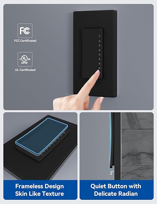 ELEGRP Smart Dimmer Light Switch DPR10, 2.4GHz Wi-Fi Dimmer Switch Compatible with Alexa and Google Assistant, Single Pole/3 Way, Needs Neutral Wire, No Hub Required, UL and FCC Listed, Black, 6 Pack