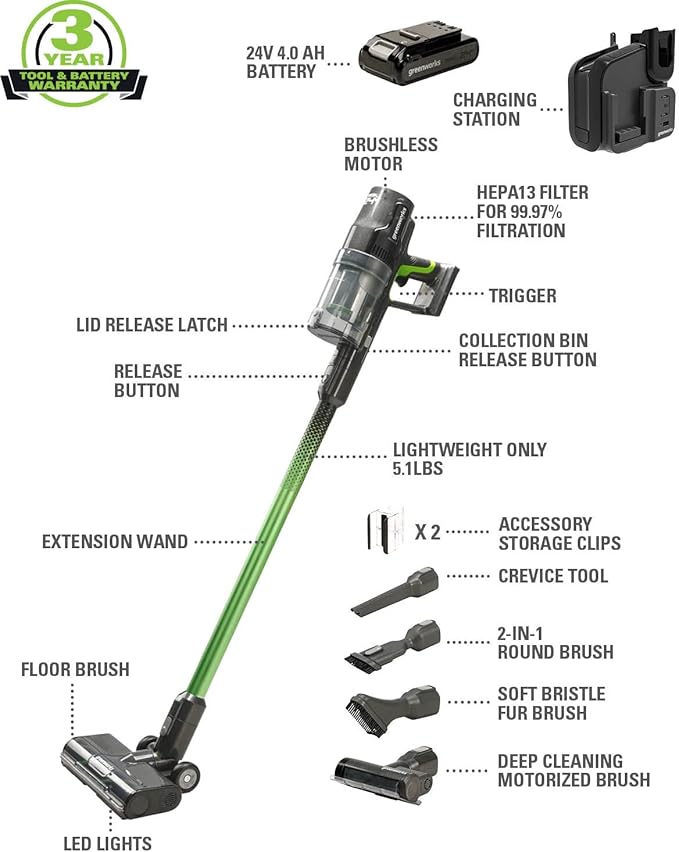 Greenworks 24V Deluxe Brushless (500W) Cordless Stick Vacuum, Ultra Lightweight, LED Lights, 4Ah USB-C Battery and 30-Minute Super Charger Included (Green)