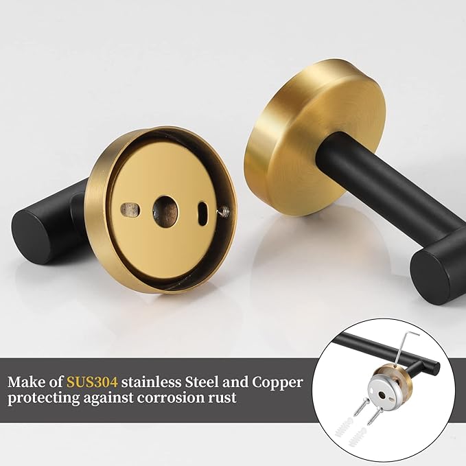 Bathroom Hardware Set Black and Gold,Towel Bar Set Including 2pcs 16inch Towel Bars, 2pcs Toilet Paper Holders, 2pcs Towel Rings and 4pcs Robe Towel Hooks