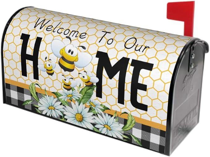 Summer Bee Buffalo Plaid Mailbox Cover Spring Daisy Floral Mailbox Cover Magnetic Standard Size 21" x 18" Farmhouse Rustic Welcome To Our Home Mail Box Covers Garden Yard Home Decor for Outdoor