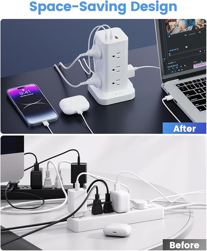 15-in-1 Power Strip Tower with Surge Protector 1800J, Fast Charging Tower PD20W USB-C Ports with 12 AC Outlets, 6ft Extension Cord for Home Office Dorm Room, White
