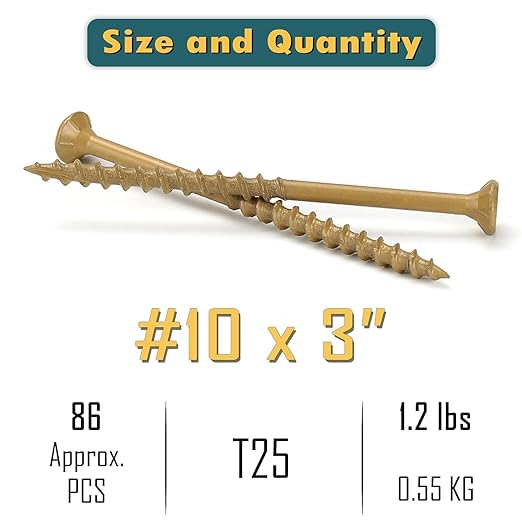 WELLOCKS Deck Screws, Wood Screws, Tan, Superior Rust Resistant, Epoxy Coated, Above 1000 Hour Salt Spray Coating T25 Torx Star Bit Included for Outdoor Wood Fence (1.2LBS Tan, #10×3")