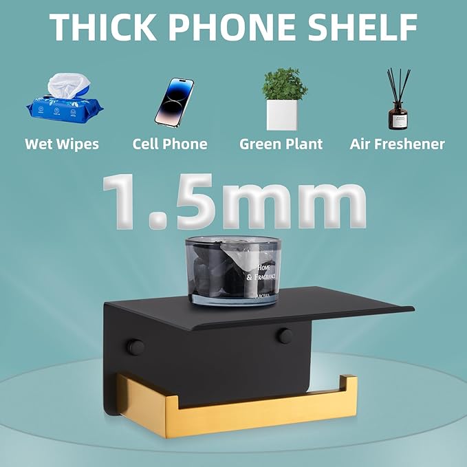 Toilet Paper Holder with Phone Shelf Black & Gold, APLusee 304 Stainless Steel Tissue Roll Dispenser Storage, Bathroom Accessories Wall Mounted
