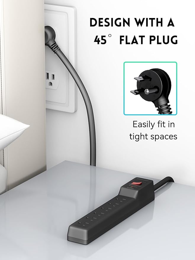 PLUGUTL 2 Pack Surge Protector (980 Joules), Flat Plug Power Strip, 4FT Extension Cord with Multiple Outlets, 6 Outlets, ETL Listed, 14 Gauge, Wall Mountable for Home Office Garage, Black