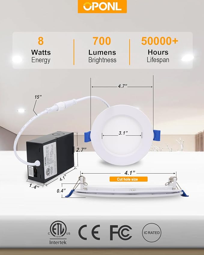 24 Pack LED Recessed Lighting 4 Inch with Junction Box, 5CCT Ultra-Thin Recessed Light, 700LM High Brightness, Dimmable Canless Wafer Ceiling Light, 8W, FCC&ETL