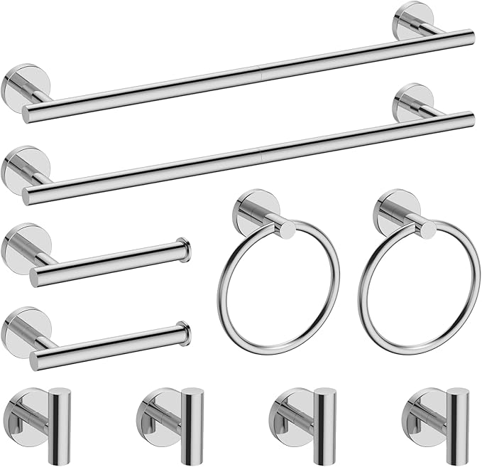 10-Pieces Bathroom Hardware Set, Includes 24 Inch Towel Racks for Bathroom Wall Mounted, Toilet Paper Holder, Towel Hooks for Bathrooms, Towel Rings for Bathroom Wall (Polished Chrome)