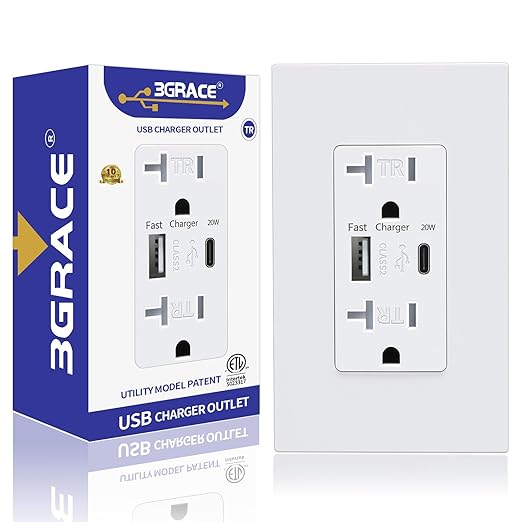 USB Wall Outlet, Charger Outlets Receptacles with 4.2A USB C Ports, 20 Amp Duplex Tamper Resistant Receptacle Plug with USB Electrical Outlet, Wall Plate Included, ETL Listed,White, 1 Pack