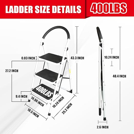 Big RED 3 Step Ladder, Folding Step Stool with Anti-Slip Pedal, Step Ladder 3 Step Folding with Padded Handle for Kitchen, Household, Offices. 400 lb Capacity