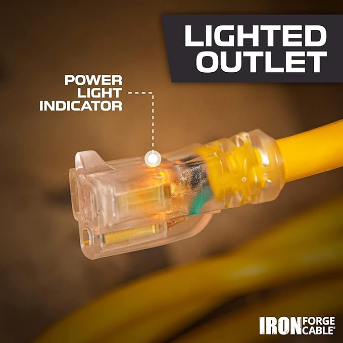 Iron Forge Cable Lighted Outdoor Extension Cord 50 ft - 14 Gauge 15 Amp Heavy Duty Power Extension Cords - SJTW - Great for Major Appliances, Power Tools, Garden Supplies - Yellow