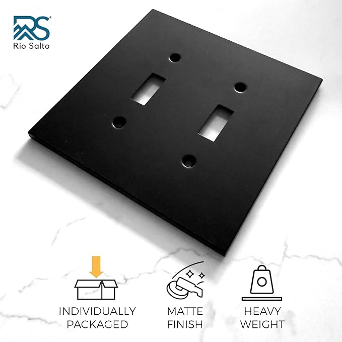 RIO SALTO Modern Metal Matte Black Double Toggle Light Switch Cover 2-PACK Metal Decorative Toggle Switch Covers Wall Plate Outlet Cover Black Wall Electric Socket Double Togle - Midsize 2 Gang