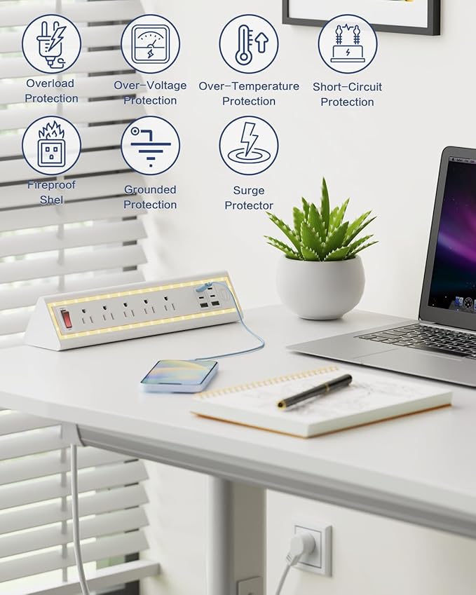 Desk Clamp Power Strip with Nightlight, 40W Fast Charging, 6FT Extension Cord, 4x20W USB-C & 2 USB Ports, 5 AC Outlets, Fits 1.69-Inch Table Edges