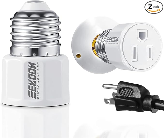 2 Packs E26/ E27 3 Prong Light Bulb Socket Adapter, Polarized Light Socket Outlet, Lights Sockets to Plug Adapter Sockets Converter, Lights Bulb Plug Adapters for Patio, Garage, Porch, White