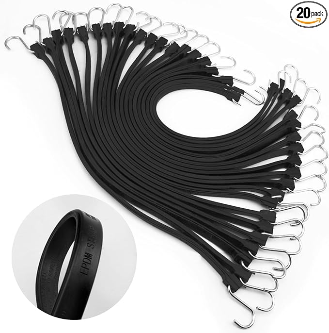 XSTRAP STANDARD 20 Pack 31'' Adjustable Natural Rubber Tarp Straps, EPDM Bungee Cords with Metal S Hooks, Ideal for Securing Tarps, Canvases, Motorcycle, and Cargo