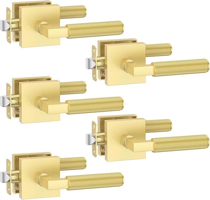 Amerdeco 5 Pack Brushed Gold Passage Door Handles,Heavy Duty Non-Locking Door Lever for Hall, Closet,Office Area, Shopping Malls AM0021