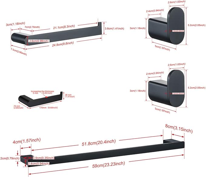 RANDOM 5 Piece Bathroom Hardware Set Matte Black Towel Bar Set Include 9.8/23.6 Inch Towel Bar Toilet Paper Holder and 2 Towel Hooks Stainless Steel Bathroom Decor Wall Mount Bathroom Accessories Kit.