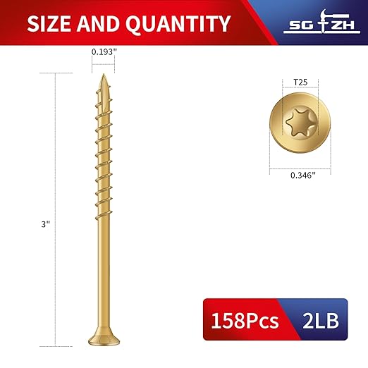 #9 x 3 Inch Deck Screws (158Pcs) 2lb. Exterior Wood Screws. Carbon Steel, Tan, Flat Head, Rust Resistant epoxy Coated, with T25 Star Bit