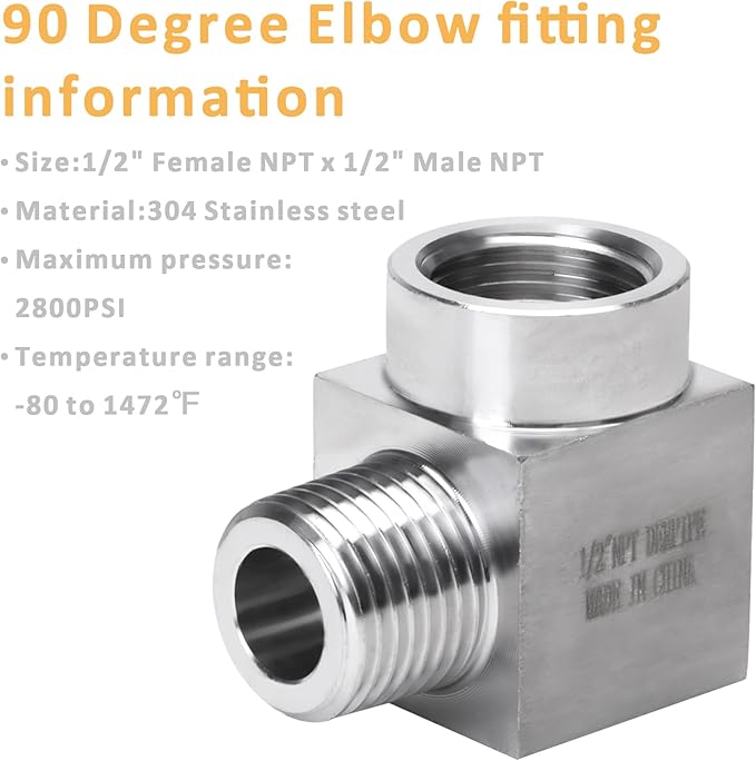 90 Degree Street Elbow - 1/2" NPT Male to 1/2" NPT Female Stainless Steel 304 Heavy Duty Forged Square Barstock Street Elbow Adapter Pipe Fitting (pack of 5)