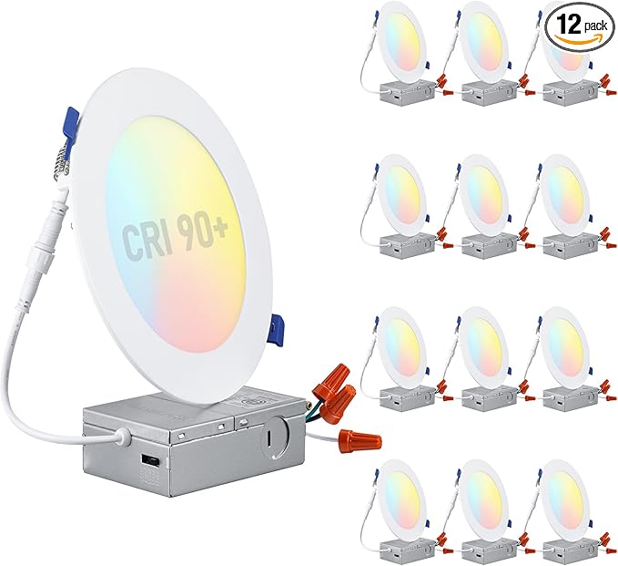 TORCHSTAR Basic Series 12-Pack 5CCT 6 Inch Ultra-Thin LED Recessed Lighting with J Box, CRI90, Aluminum, 2700K3000K3500K4000K5000K, 5%-100% Dimmable Slim Recessed Downlight, 12W 1000LM, ETL & ES