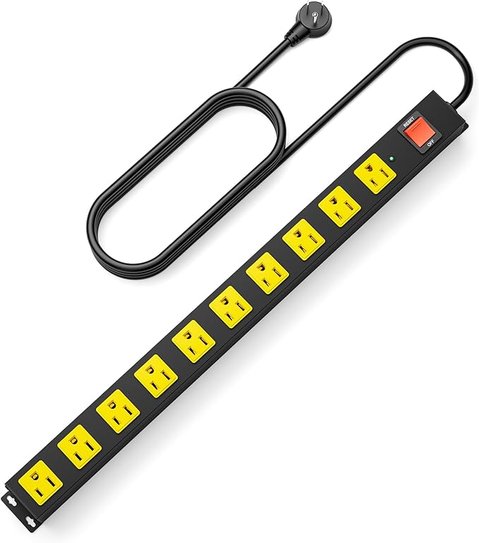 10 Outlet Metal Power Strip with 2100J Surge Protector, Heavy Duty 6FT Extension Cord, Wide Spaced Outlets and Wall Mount for Garage, Workshop, Industrial, Home, Ideal Gift for Father (6ft)