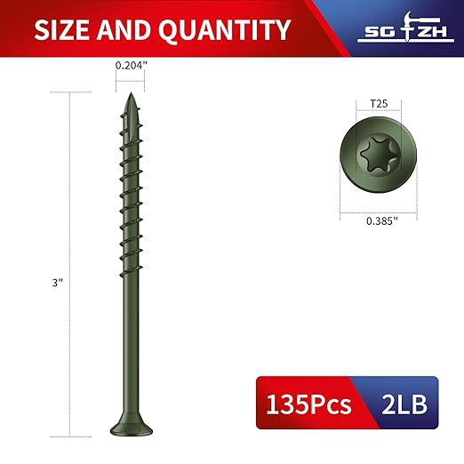 #10 x 3 Inch Deck Screws (135Pcs) 2lb. Exterior Wood Screws. Carbon Steel, Green, Flat Head, Rust Resistant epoxy Coated, with T25 Star Bit