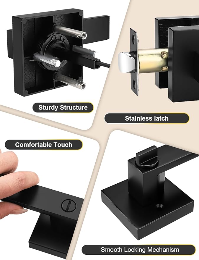 4 Pack Square Privacy Door Levers Locksets in Matte Black Finish, Bed/Bath Door Levers Keyless Interior Handles,Reversible for Left Right Handed Doors