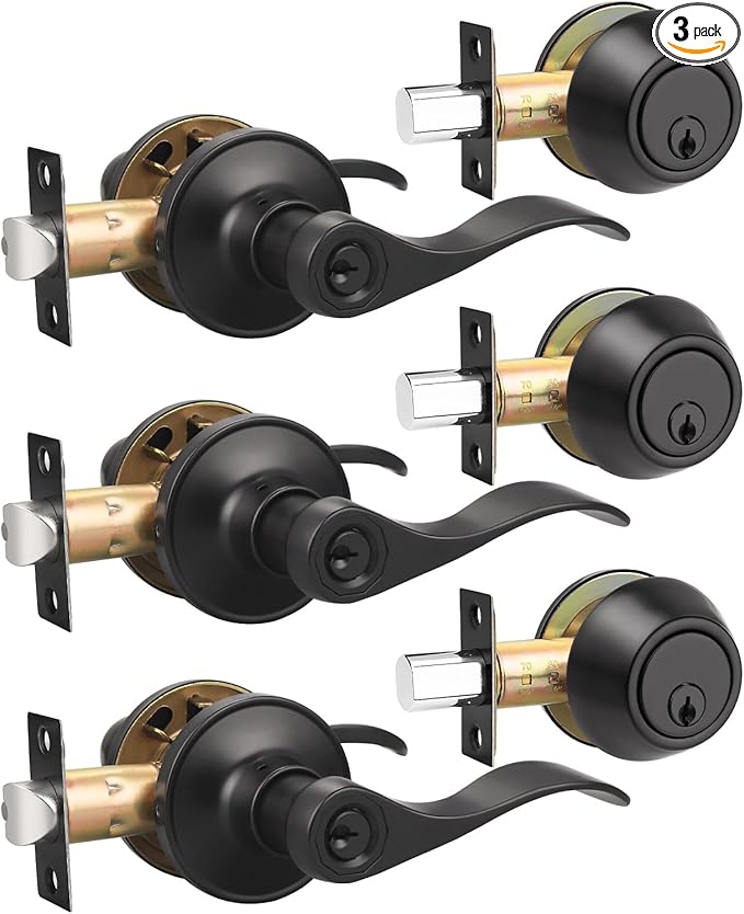 3 Pack Exterior Door Lever Lockset with Single Cylinder Deadbolt Black Door Handle with Deadbolt Lock Set Keyed Alike, Matte Black Finished