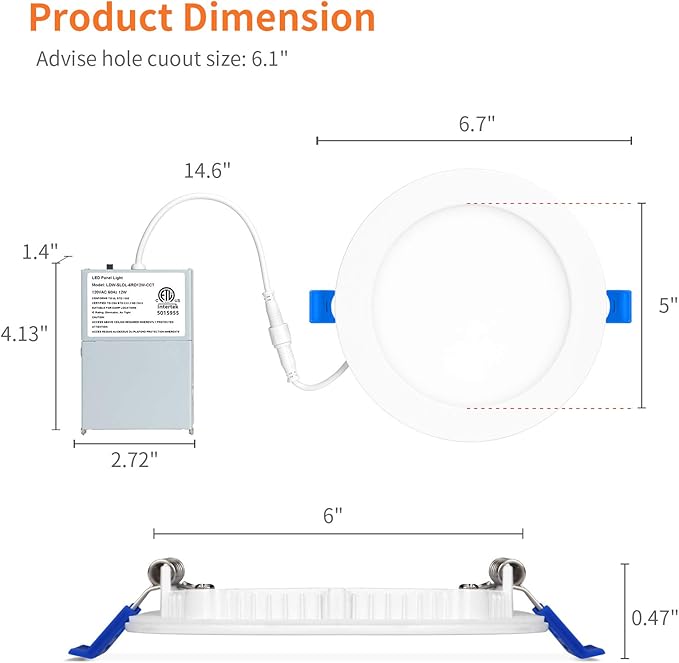 Meconard 6 Pack 6 Inch LED Recessed Ceiling Light, 2700K/3000K/3500K/4000K/5000K Selectable, Dimmable 12W=110W, 1050LM, IC Rated Can-Killer Downlights with Junction Box, ETL and Energy Star Listed