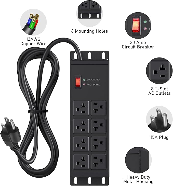 JUNNUJ Heavy Duty 20 Amp Surge Protector 4800J, Garage Metal 8 Outlets 12 Gauge, High Amp 5-15P Adapter Shop 6-20R T-Slot Industrial Outlet, 15 FT Extension Cord Commercial for Appliance