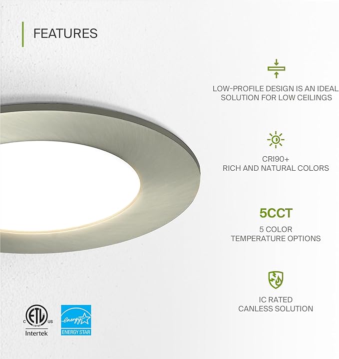 ASD 6 Pack LED Recessed Lighting 4 Inch 9W, 5 CCT 2700K-5000K CRI90+, IC Rated Ultra Thin Dimmable Ceiling Lights with J Box, Canless Wafer Downlight, Round Slim Panel Light, Energy Star ETL, Nickel
