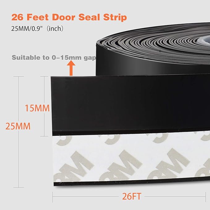 26 Feet Silicone Seal Strip, Weather Stripping Seal Tape for Door, Window & Shower Glass Gaps (Black, 25MM)