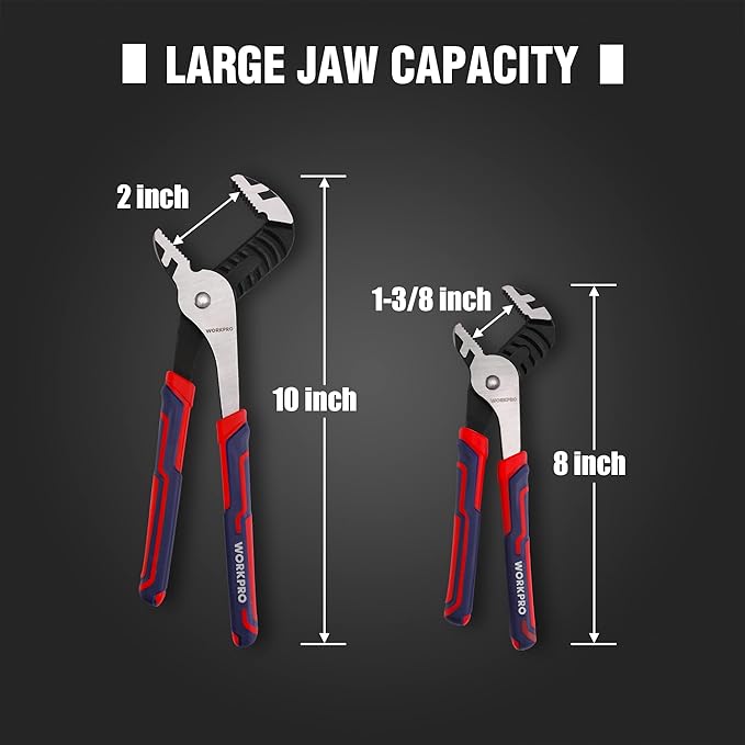 WORKPRO 2-Piece Groove Joint Pliers Set, 10 & 8 Inch Adjustable Water Pump Pliers, Straight Jaw Tongue and Groove Pliers