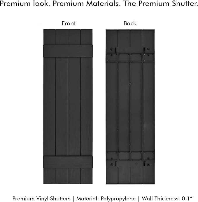 Board & Batten Vinyl Shutters (1 Pair) | 14.5"x35" (4-Board) - Black Cosmos/Paintable | Exterior Window Shutters | Includes Mounting Hardware | Simple Installation | Made in USA