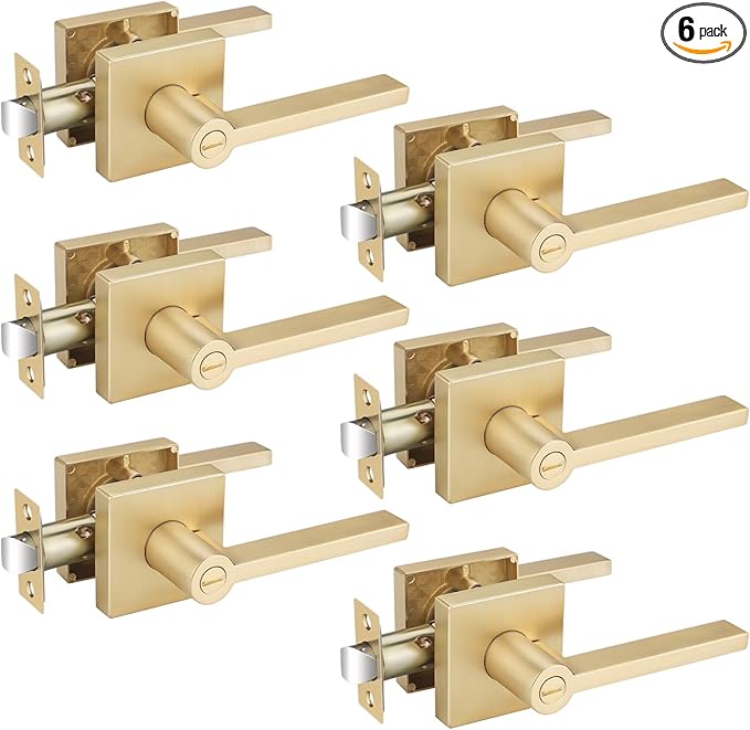 EHOMEWARE 6 Pack Gold Door Handles, Satin Brass Door Knobs Interior Privacy Function Without Keys, Bedroom Bathroom Door Levers Interior for Left or Right Handed Doors, Gold Modern Door Levers