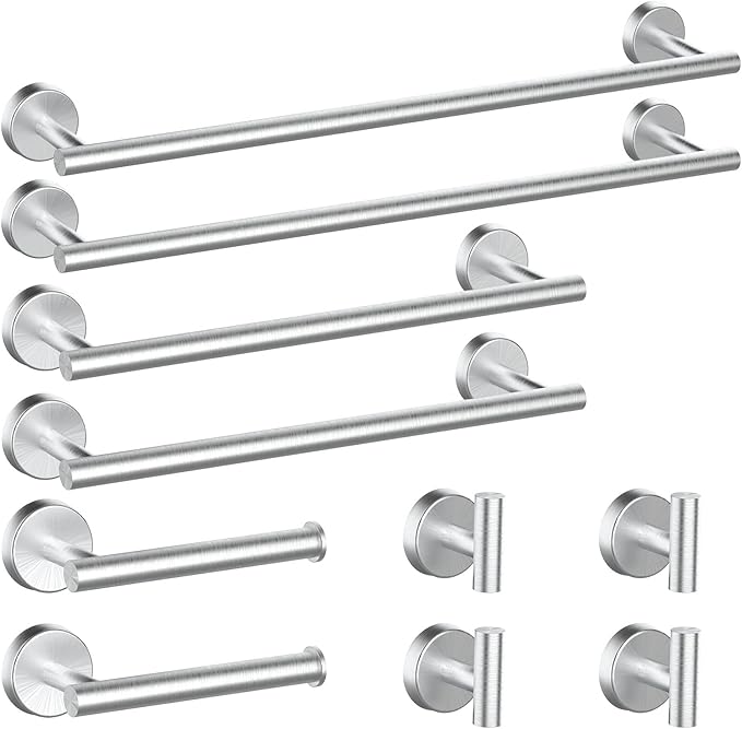 Newfun 10Pcs Brushed Nickel Bathroom Hardware Set - Includes 24&18inch Towel Bar, Robe Hook, Toilet Paper Holder, 2 Pack 5 Piece Bathroom Accessories Set Stainless Steel Wall Mounted