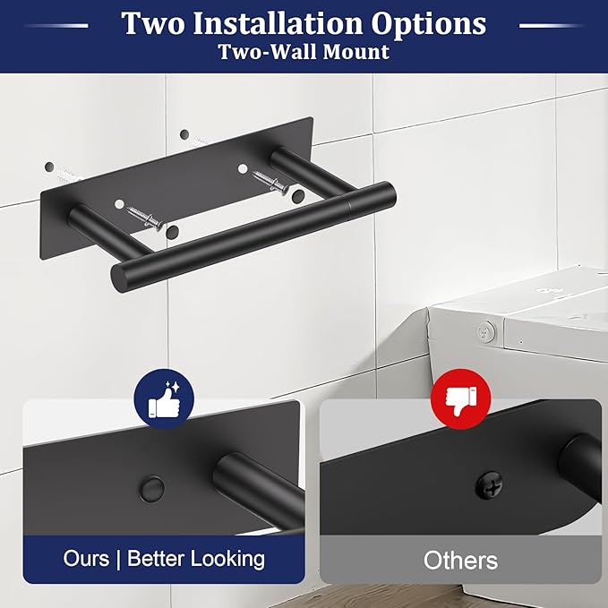 Matte Black Toilet Paper Holder, Adhesive or Screw Toilet Roll Holder Wall Mount, SUS304 Stainless Steel Double Post Pivoting Toilet Roll Holder for Bathroom, Kitchen, Washroom