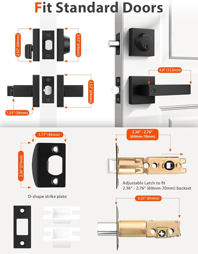 3 Pack Square Keyed Alike Front/Exterior Door Levers with Single Cylinder Deadbolt, Flat Black Entry Door Knob Lock Set with Deadbolt Combination Sets, for Entrance/Front and Office Doors