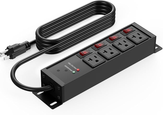 CCCEI Heavy Duty Surge Protector Power Strip 20 Amp Individual Switches. 10FT 12 Gauge Extension Cord with Multiple Outlets. Kitchen, Garage, Shop, Industrial Wall Mount Electric Extender, Black.