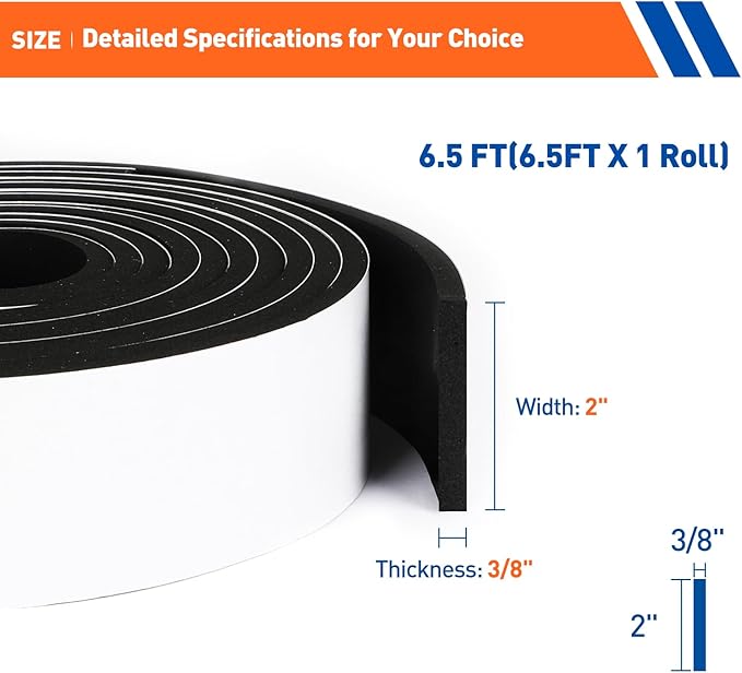 MAGZO Weather Stripping Door Seal, 2 Inch Wide X 3/8 Inch Thick Adhesive Foam Tape Soundproof Weatherstripping for Windows, 1 Roll Total 6.5FT Black