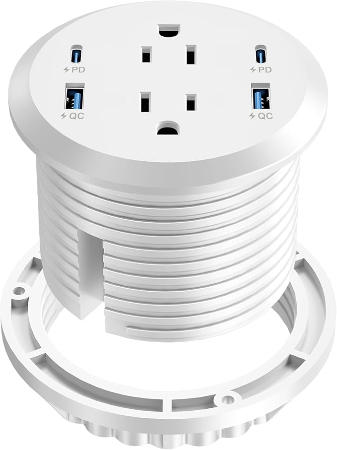 Desktop Power Grommet, 65W USB C Fast Charging, Flush Mount Recessed Power Strip 3-Inch Hole, 2 Outlets, 4 USB Ports, Countertop Outlet (White)