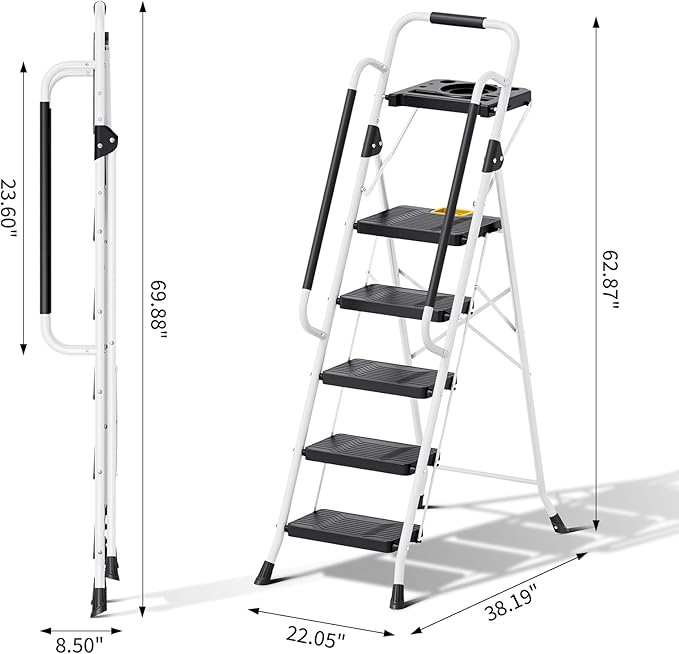 KINGRACK Folding 5-Step Ladder, 800 lbs Capacity Step Stool with Safety Lock, Tool Tray, Non-Skid Wide Steps, Handrail, Household Folding Ladder for Home, Garden, Painting, Outdoor, and Garage, White