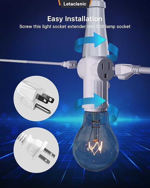 Light Socket to Plug Adapter, 2-Pack Pull Chain 2/3 Prong Light Socket Adapter E26/E27 Light Bulb Outlet Socket Polarized Plug Converter for Garages, Living Rooms, hallways, and More