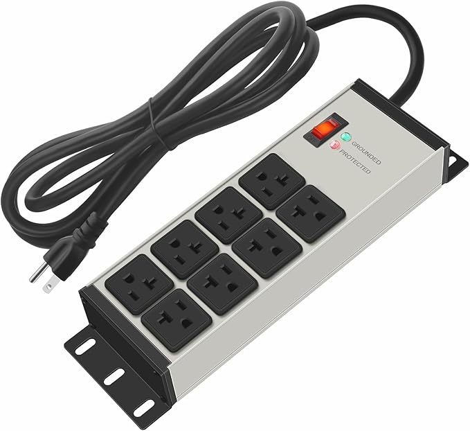 CCCEI Grey Heavy Duty Power Strip Surge Protector 20 AMP, 8 Outlets 12 Gauge Industrial Shop Garage Metal Multiple Outlets, 12 FT Extension Cord 5-15P Adapter High Amp 6-20R T-Slot 20a for Appliance