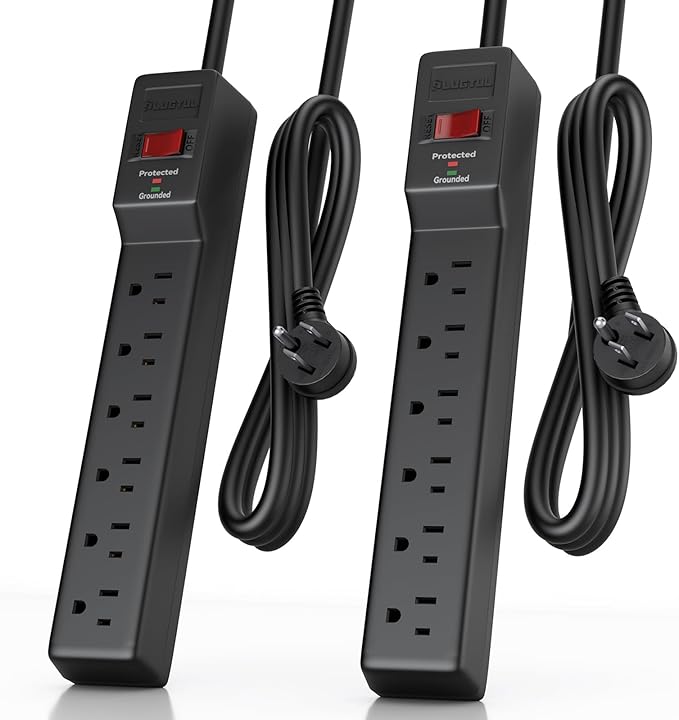 PLUGUTL 2 Pack Surge Protector (980 Joules), Flat Plug Power Strip, 4FT Extension Cord with Multiple Outlets, 6 Outlets, ETL Listed, 14 Gauge, Wall Mountable for Home Office Garage, Black