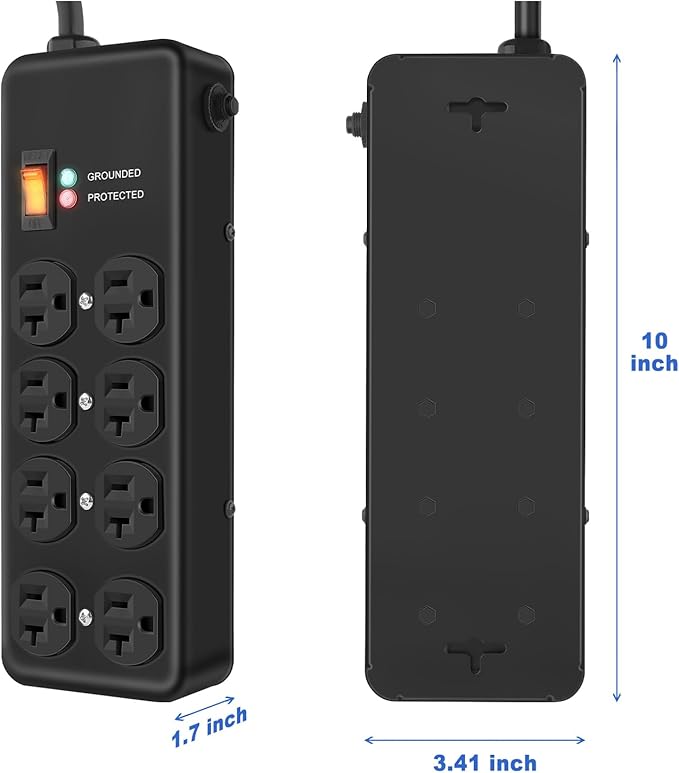 20Amp Power Strip Surge Protector, Durable Metal 8-Outlet with Heavy Duty 20 Amp 6Ft 12 Gauge Extension Cord, for Garage, Workshop & Industrial Use with 6-20R T-Slot Outlets, 4800J