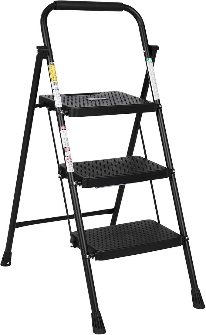 SIMPLI-MAGIC 3-Step Ladder, 800 LBS Capacity Folding Step Stool – Anti-Slip Wide Steps & Handgrip – ANSI Certified Lightweight & Durable Steel Stepping Stool for Kitchen, Home, Office & Garage