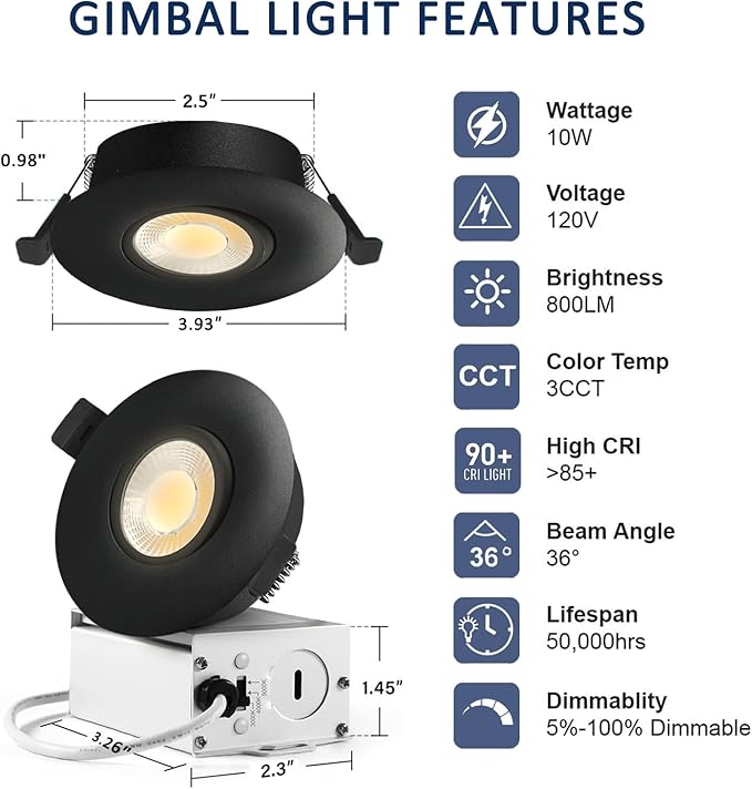 Sublimation Black Black 1 Pack 3 Inch 3CCT Gimbal Led Recessed Light with Junction Box 10w,Waterproof recessed Lights for Shower,3 Colors Adjustable