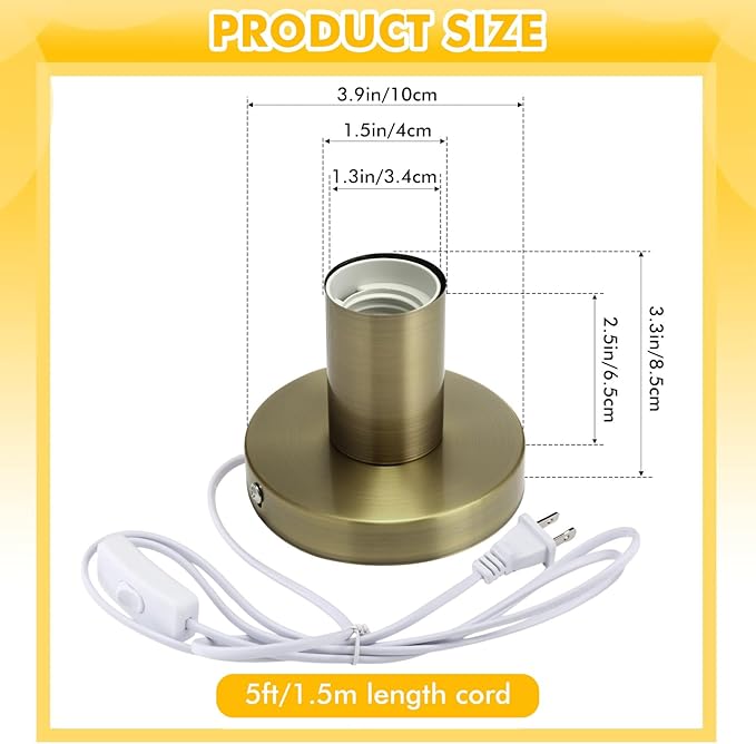 Tuanse 2 Pcs Polished Metal Desktop Lamp Base E26 E27 Screw Light Bulb Holder Sockets Night Light Base Lamp Replacement for Holding Bulb 6 Feet Cord on Off Switch Plug(Bronze,Aluminum)