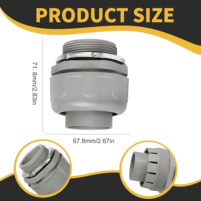 Conduit Connectors, 1-1/2 Inch Liquid Tight Connector NPT Non-Metallic for PVC Electrical Flexible Conduit Fittings, 180 Degree Straight, UL Listed for Home Outdoor Tubes Tools, Grey (2-Pack)